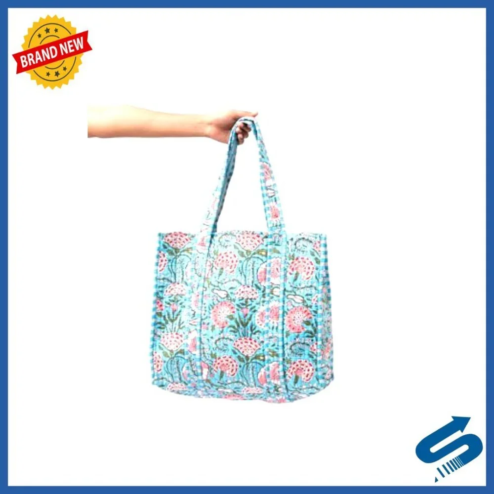 Large Quilted Cotton Tote Bag with Inside Pocket for Travel Shopping